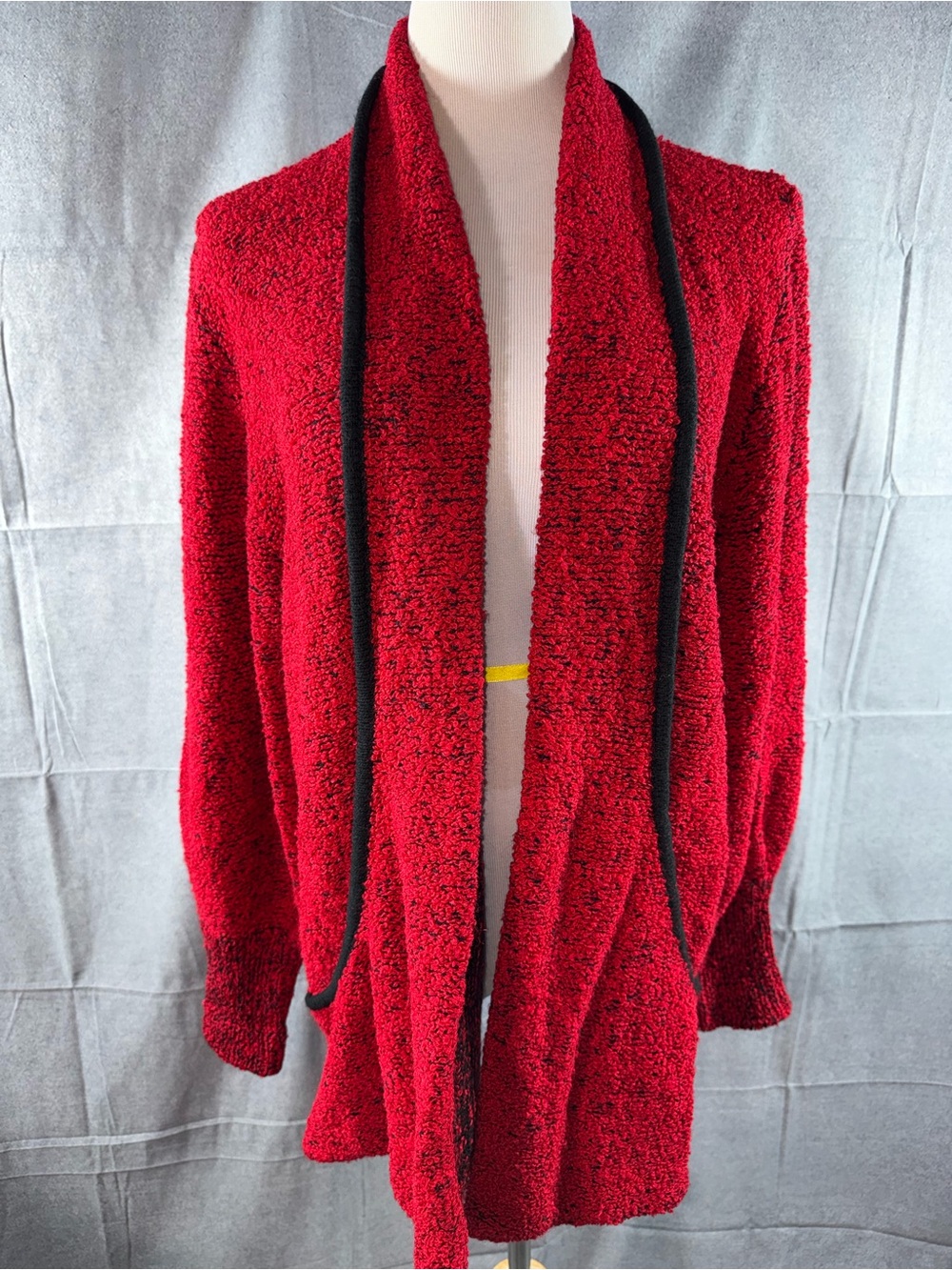 3147-Sideffects Vintage Red Bouclé Open-Front Cardigan with Black Trim
